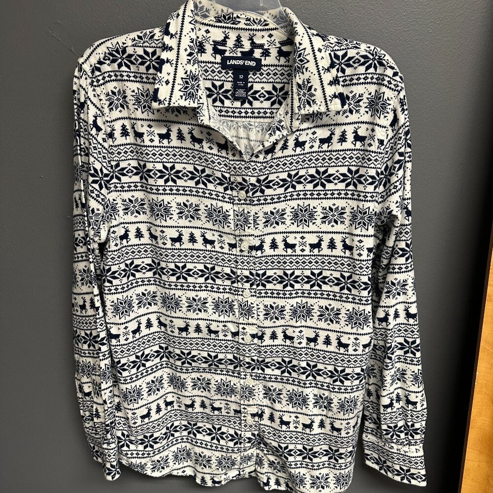 Lands End Reindeer Womens Button Flannel Top Size 12 Nordic Fair Isle Long Slv - Picture 2 of 6